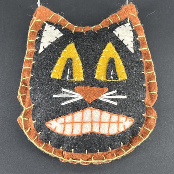 Halloween Felt Black Cat Wall Door Hanging Ornament Hand Stitched Folk Art - Picture 2 of 13
